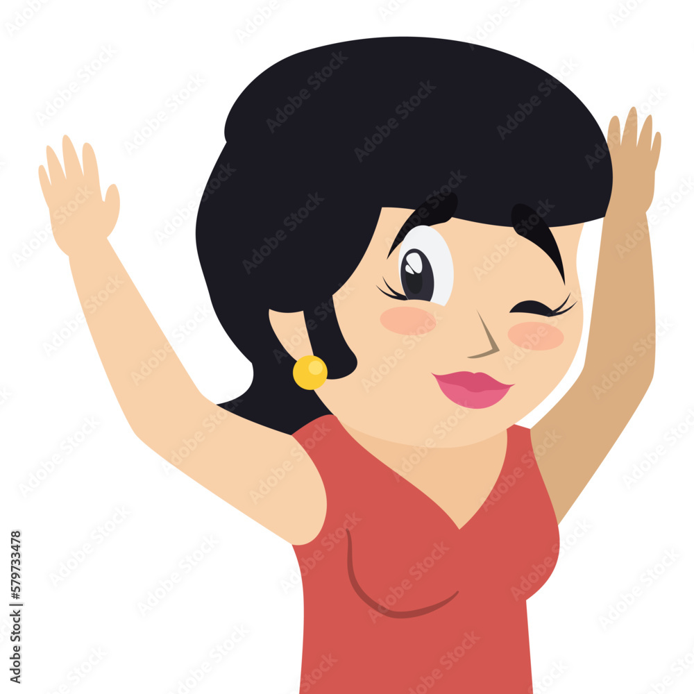 Winking woman in red dress with raised hands, Vector illustration