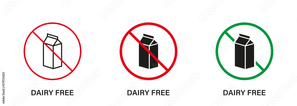 Dairy Free Silhouette and Line Icon Set. Dairy Stop Sign, Only Healthy Food. Cow Milk Lactose Forbidden Symbol. Free Dairy Diet Logo. No Lactose, Allergy Ingredient. Isolated Vector Illustration Dairy Free Silhouette and Line Icon Set. Dairy Stop Sign, Only Healthy Food. Cow Milk Lactose Forbidden Symbol. Free Dairy Diet Logo. No Lactose, Allergy Ingredient. Isolated Vector Illustration