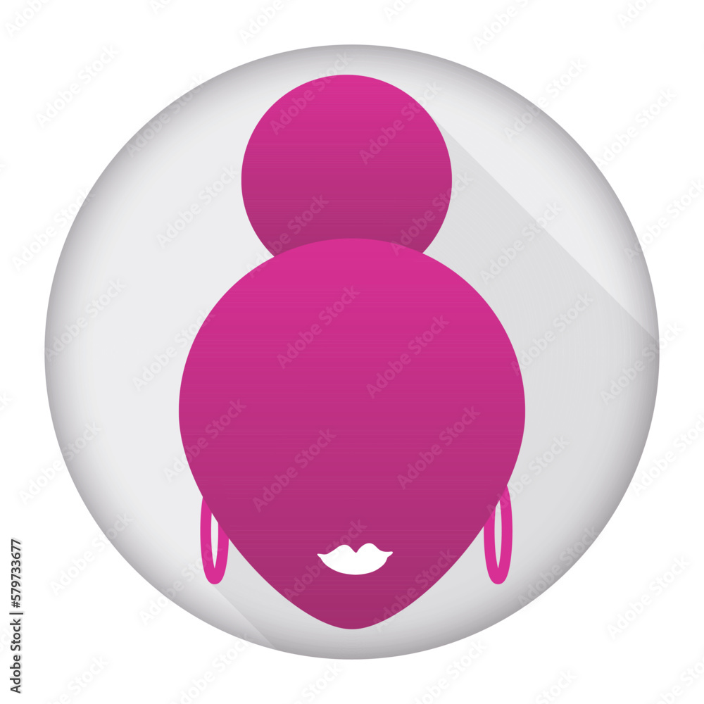 Button in long shadow effect with woman's head and bun hairstyle, Vector illustration