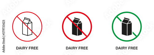 Dairy Free Silhouette and Line Icon Set. Dairy Stop Sign, Only Healthy Food. Cow Milk Lactose Forbidden Symbol. Free Dairy Diet Logo. No Lactose, Allergy Ingredient. Isolated Vector Illustration