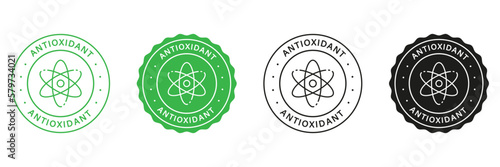 Natural Antioxidant Stamps Set. Healthy Organic Natural Products Green and Black Labels. Antioxidant Molecular Cell Logo. Antioxidant Detox Symbol. Isolated Vector Illustration
