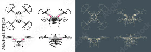 Vector Qadrocopter or drone line blueprint wireframe