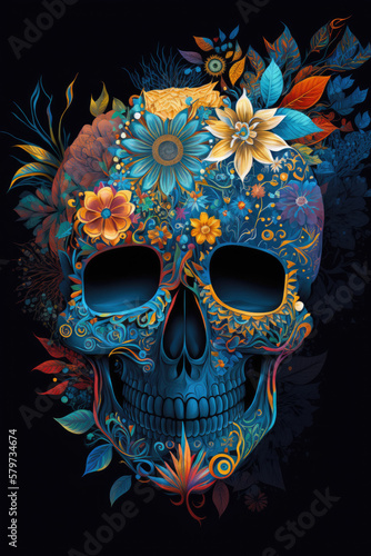 Boho Skull Colorful Skulls with Intricate Patterns and Flowers - Retro Style Artwork Skull PNG | AI Generated 