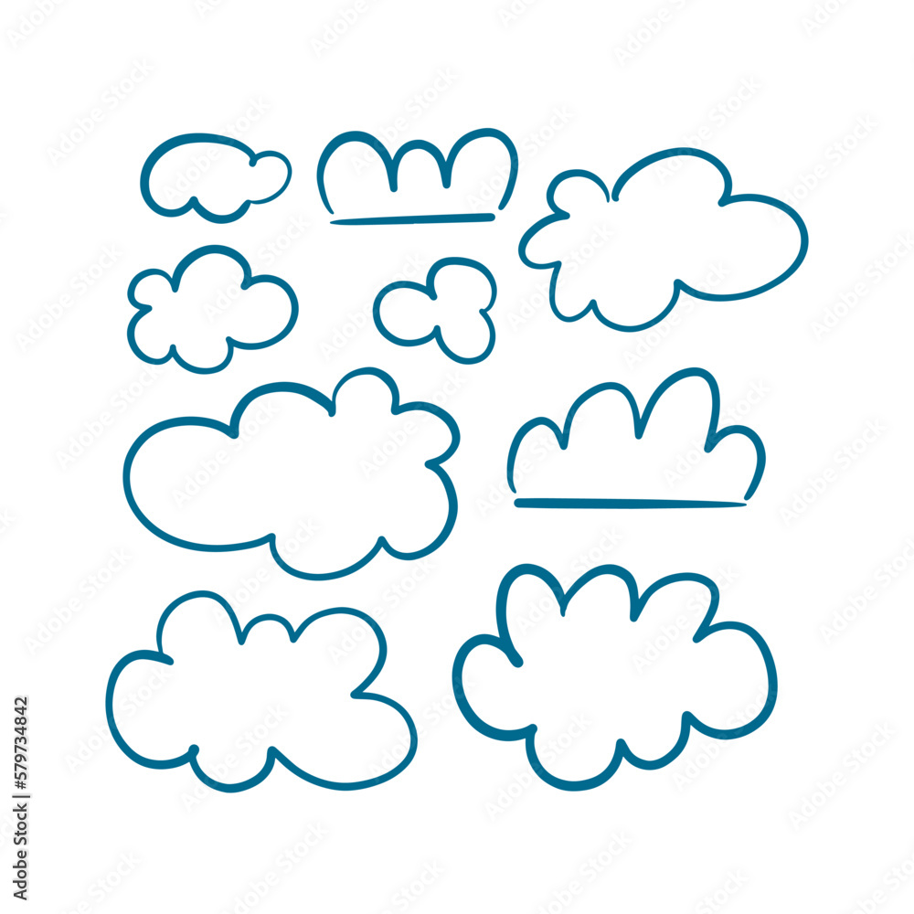 Vector illustration of clouds doodle isolated on white background.