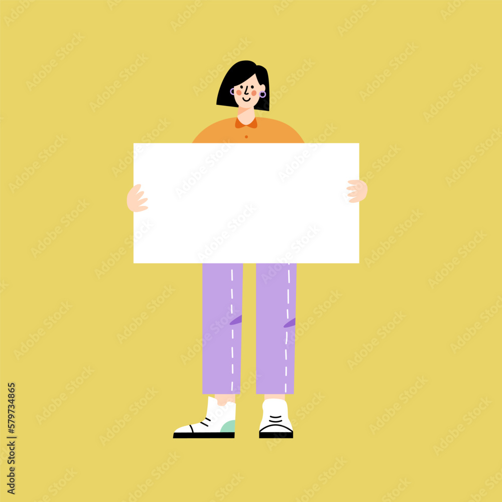 Vector flat illustration with young woman holding sign.	
