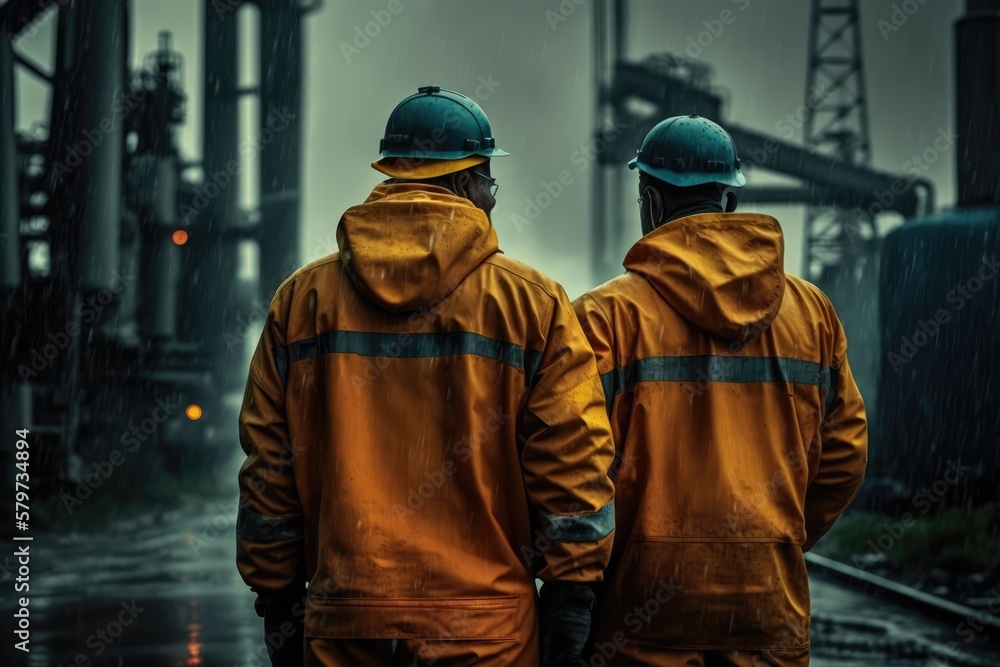 Industrial workers at oil and gas produsction site, made with generated ai