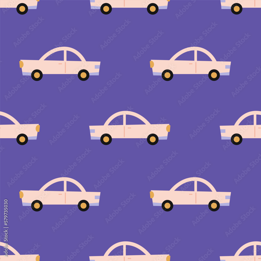 Seamless pattern with cute cars on blue background. Modern design for fabric and paper, surface textures.	
