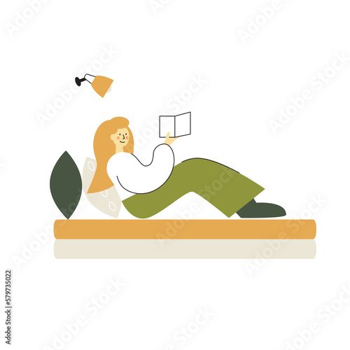 Vector flat illustration with young woman reading a book in a bed.