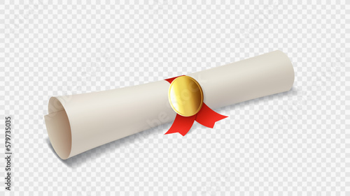 Graduation or diploma scroll with red ribbon. Vector illustration of graduation degree scroll with golden medal isolated on checkered background. Realistic element for decoration poster, banner.