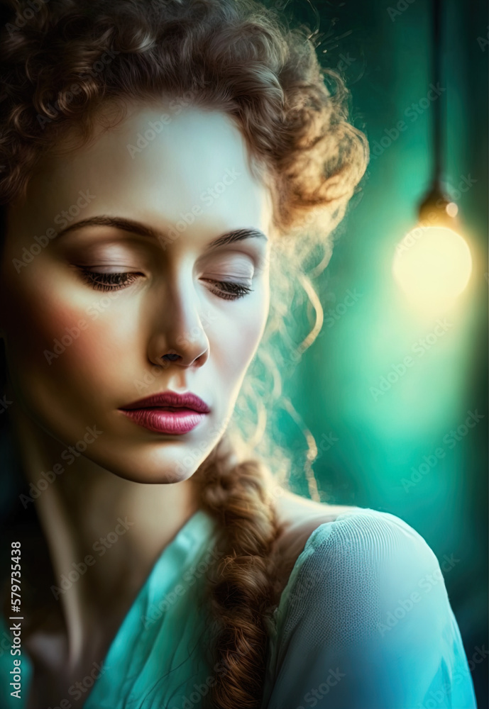 portrait of a woman with single lightbulb in background. Soulful, pensive and thoughtful. Generative Ai.