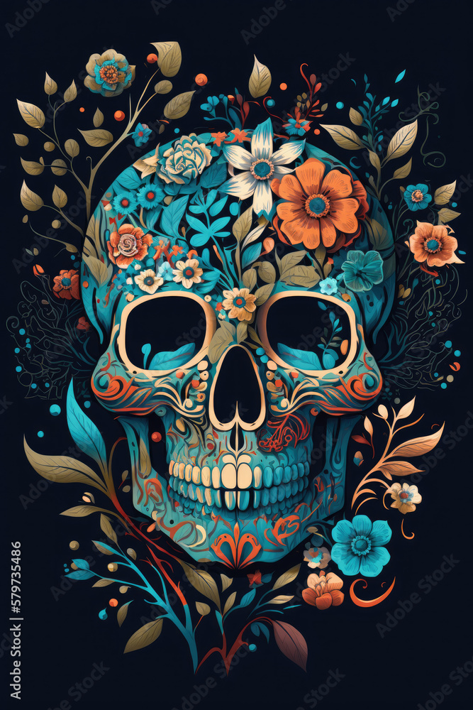 Boho Skull Colorful Skulls with Intricate Patterns and Flowers - Retro Style Artwork Skull PNG | AI Generated
