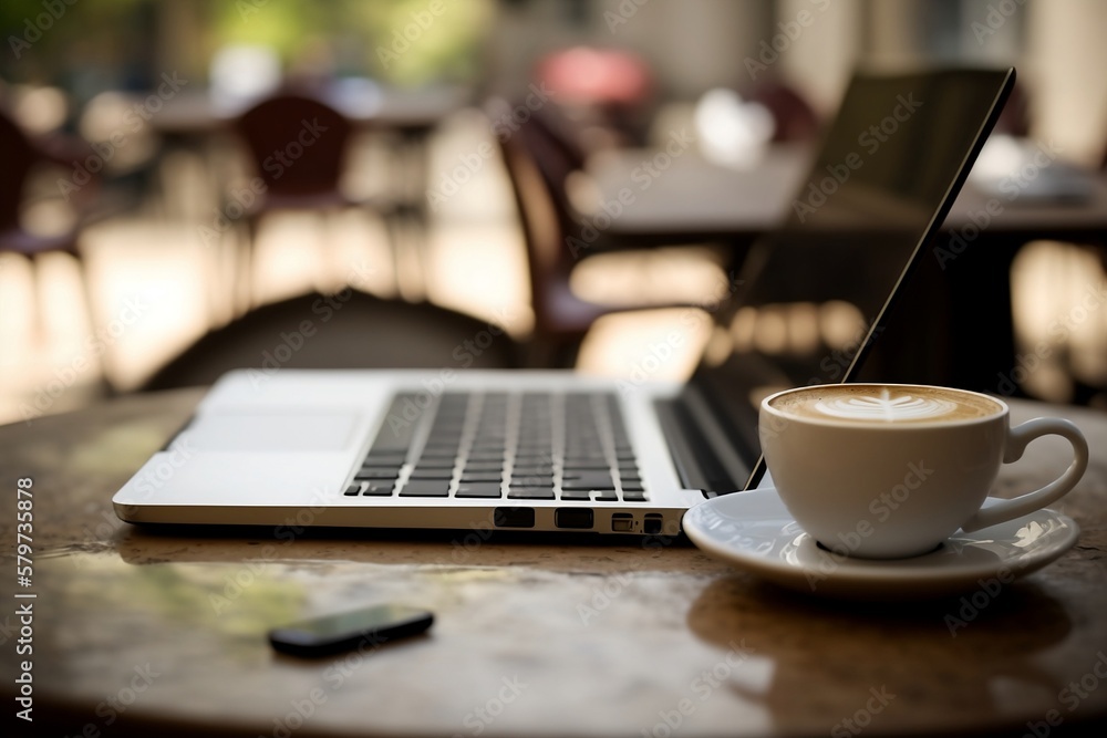 Perfect cafe blur background and laptop for Online Work, Communication, and Coffee Sipping