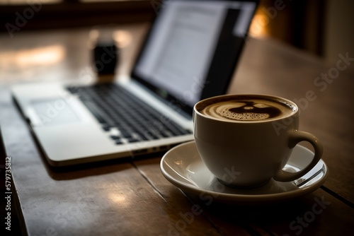 Perfect cafe blur background and laptop for Online Work, Communication, and Coffee Sipping