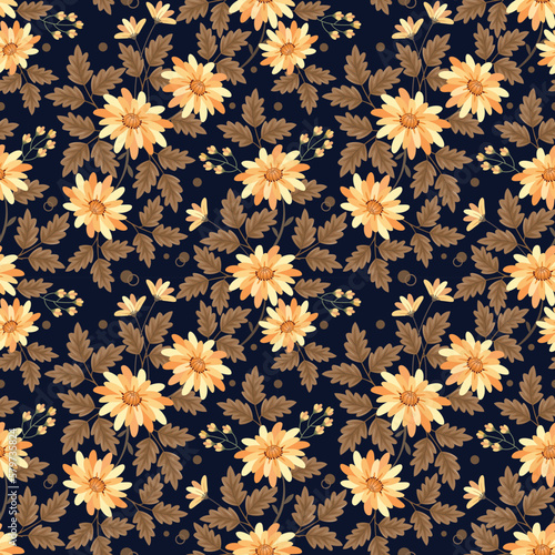 Monochrome yellow flowers on dark color background for fabric textile wallpaper.