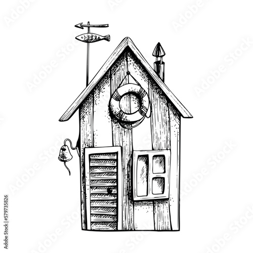 Marine, a fisherman's little house. Isolated object drawn by hand in graphic technique. Vector illustration for summer, nautical and beach decoration and design.