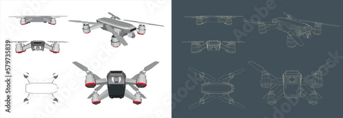 Vector Qadrocopter or drone line blueprint wireframe