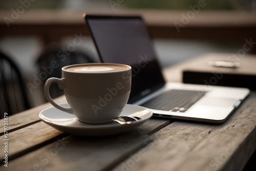 Perfect cafe blur background and laptop for Online Work, Communication, and Coffee Sipping