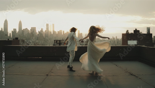 2 soulmates dancing on a rooftop with a city skyline behind. Generative Ai.