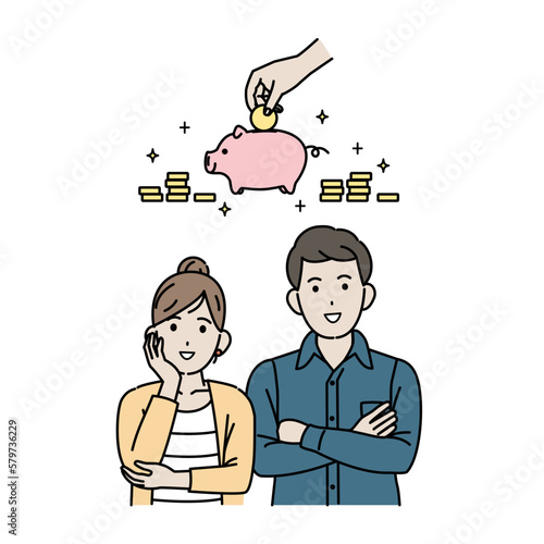 お金を貯める、貯金をする夫婦のイラスト