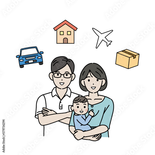 マイホーム購入や引っ越しを考える若い夫婦のイラスト