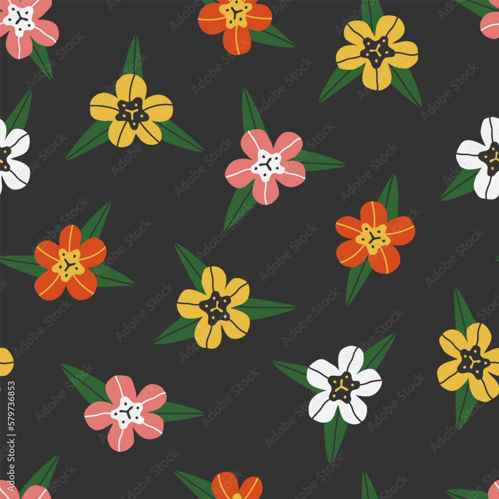 Hand drawn cute spring botany seamless pattern with tulip. Flat vector Easter abstract print design in colorful doodle style. Repeated background with flower field, wrapping or wallpaper.