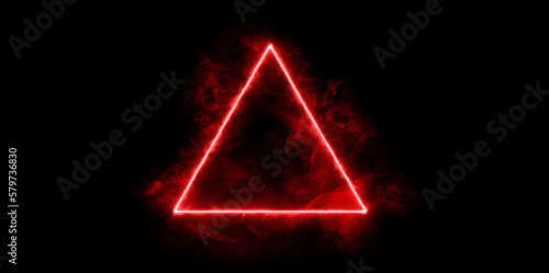 Energy red geometric triangle on a dark background. Beautiful futuristic swirling smoke. Mockup for titles, product and logo. Texture for designer background.