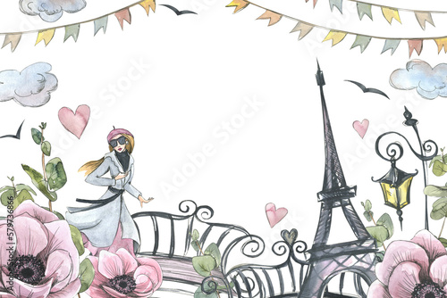 Photography Eiffel Tower with girl, lantern, bridge and flowers