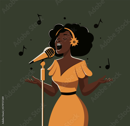African American soul singer, beautiful woman in a yellow dress sings in a microphone.