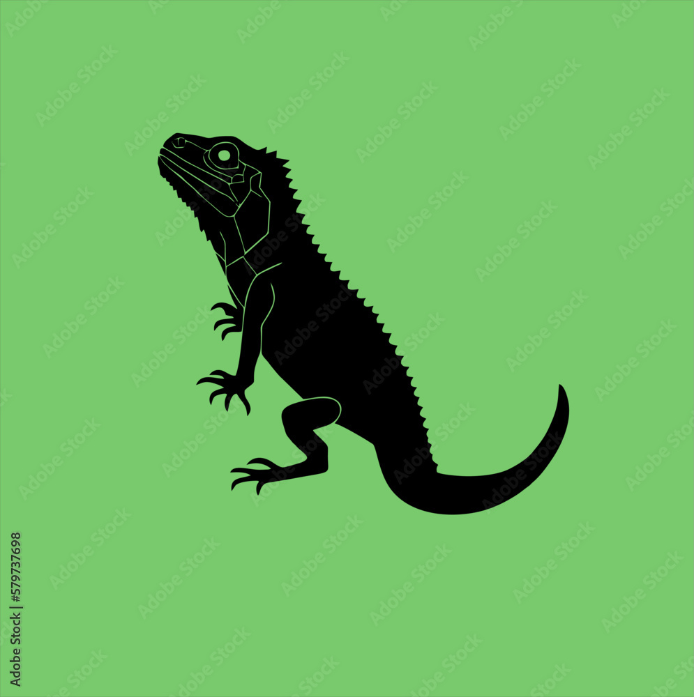 Fototapeta premium Vector iguana silhouette. Iguana silhouette icon isolated on green background.