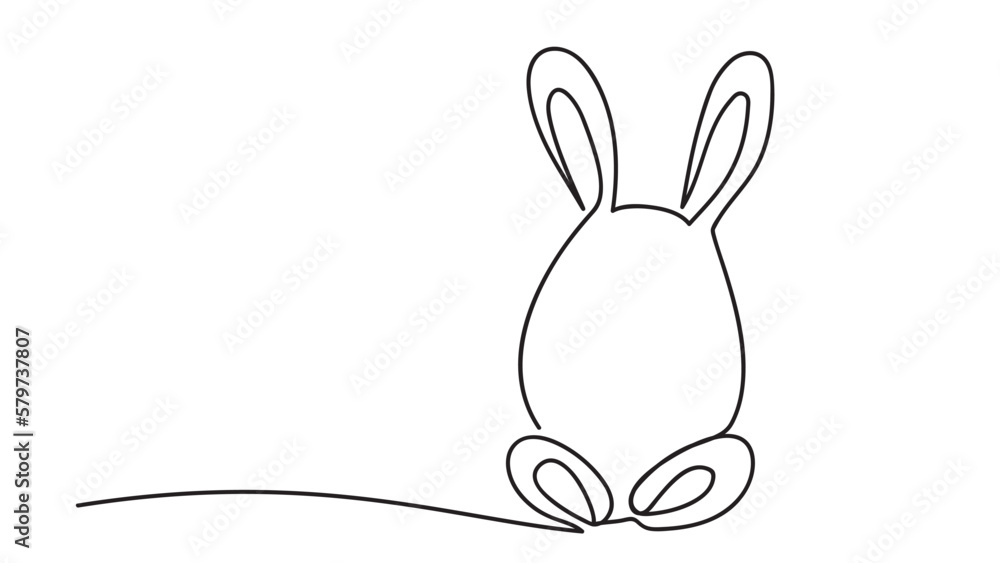 Ears and paws of a rabbit on an egg, one line drawing. Easter, continuous line