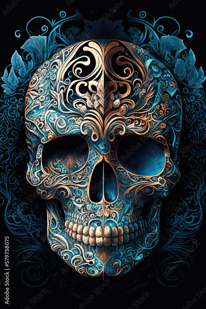 Boho Skull Colorful Skulls with Intricate Patterns and Flowers - Retro Style Artwork Skull PNG | AI Generated

