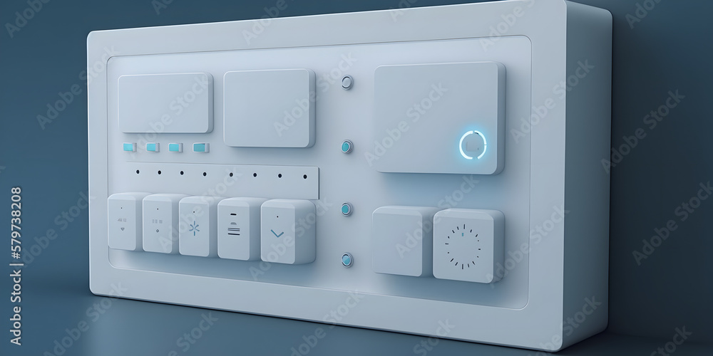 A home automation hub that connects all your smart devices and makes them work together seamlessly. Created in a clean, simple art style with a blue and white color scheme. A home automation hub that connects all your smart devices and makes them work together seamlessly. Created in a clean, simple art style with a blue and white color scheme.
