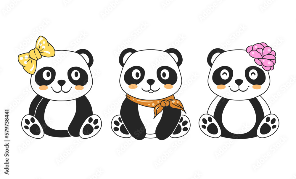 Adorable pandas hand drawn vector illustration