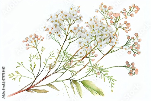 A Gypsophila Branch Hand Drawn In Watercolor Isolated On A White Background. Vintage Little White Flowers Bouquet For Valentines Day  Wedding And Other Events. Generative AI
