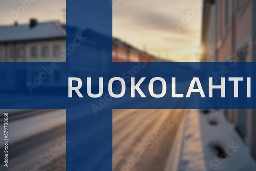 Ruokolahti: Ortsname der finischen Stadt Ruokolahti in der Region Etelä-Karjala auf der finnischen Flagge photo