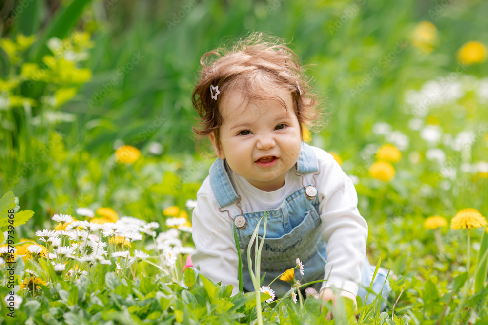 Happy baby girl crawling in a green meadow with yellow dandelion flowers in nature in the park Happy baby girl crawling in a green meadow with yellow dandelion flowers in nature in the park