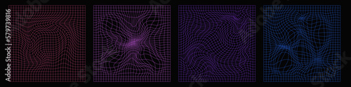 Neon deformed meshes. 80s, 90s, 00s style background set for retrowave cover. Trendy distorted neon grids