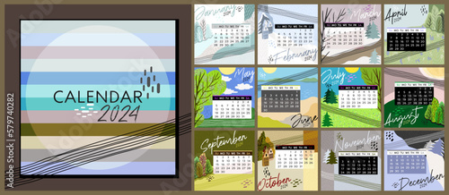 Calendar 2024. Colorful monthly calendar with various landscapes. Cover and 12 monthly pages. Week starts on Sunday, vector illustration. Square pages.