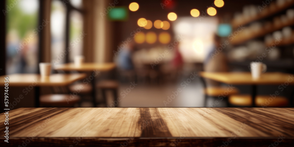 An empty wooden counter table top for product display in a coffee shop or bar. Generative ai