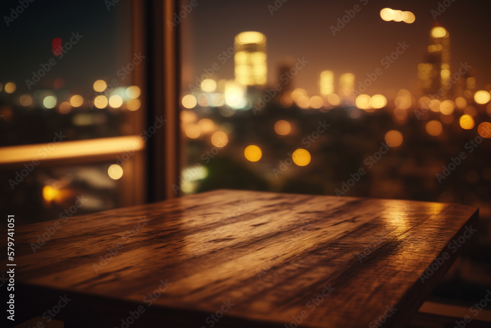 Wood table top on blur glass window wall building background. Created with Generative AI Technology Wood table top on blur glass window wall building background. Created with Generative AI Technology