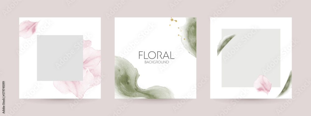 Minimal templates with watercolor shapes and floral design for postcard, banner, social media posts. Beauty, cosmetics or wedding concept.