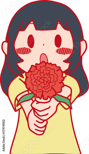 照れながらカーネーションを差し出す女の子のカラーイラスト