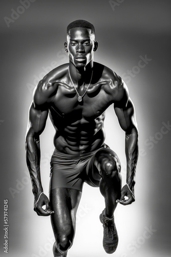 Generative AI illustration of a photo B&W of a Sprinter African Man In Starting Position © David Fuentes