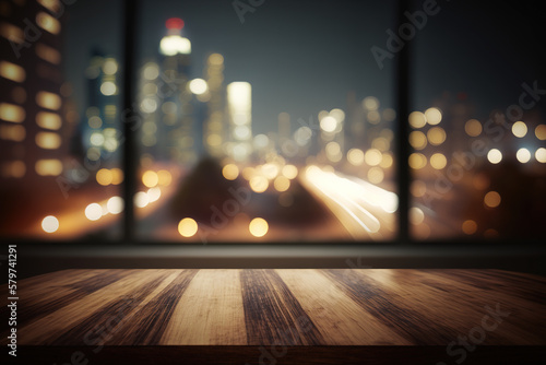 Wood table top on blur glass window wall building background. Created with Generative AI Technology