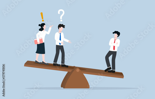Double standard in the workplace, treating employees differently, discrimination concept, Businessman is heavier than two confused colleauges on another side of seesaw. photo