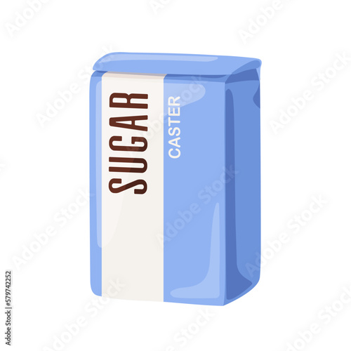 Caster, castor fine granulated sugar packed in paper bag. Superfine sweet baking ingredient in closed package. Flat cartoon vector illustration isolated on white background
