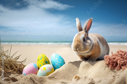 Easter bunny with color eggs on the sandy beach near ocean. Cute Easter bunny with eggs.