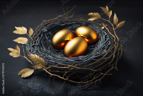 Three Golden Eggs in a dark nest. Realistic illustration of a nest with gold eggs decorated with gold leaves on a dark stone background. Generative Ai.