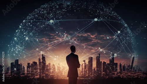Business man viewing a holograph of a global network with nodes and information highways