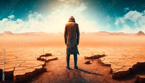 Man standing on cracked earth in desert. AI generated.